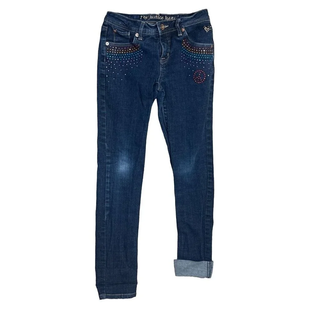 Justice Girls Embellished Jeans Rainbow Peace Design Size 14S (Slim)
